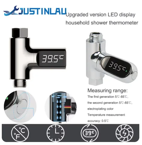 LED 디스플레이 가정용 물 샤워 온도계 5-85 ℃ 유량 자체 전원 수온계