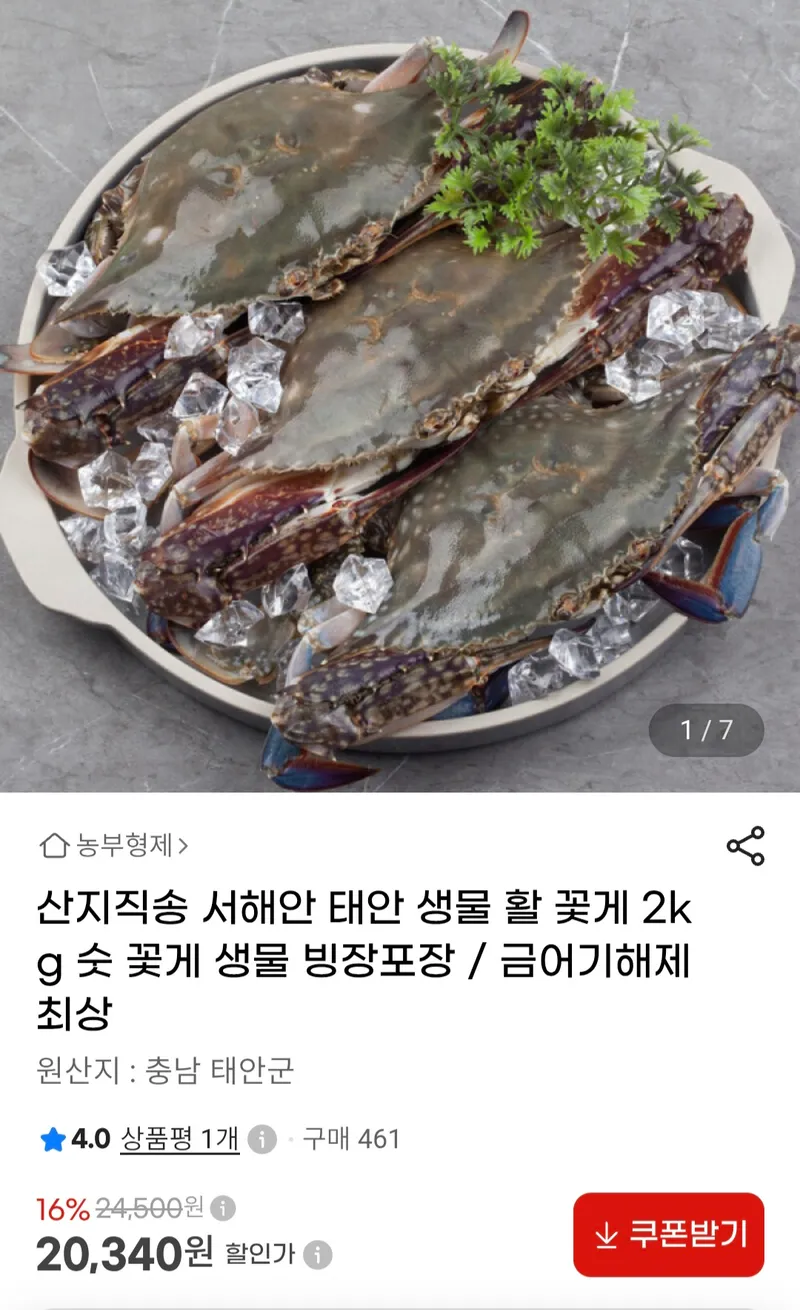 산지직송 태안생물 가을 활 숯꽃게 빙장포장 2kg(6-10미)