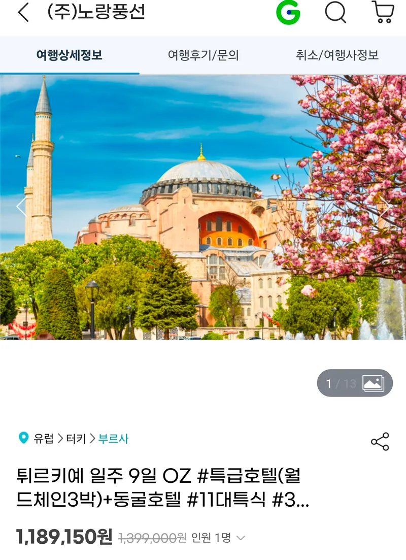 튀르키예 일주 9일 OZ 월드체인3박+동굴호텔 11대특식