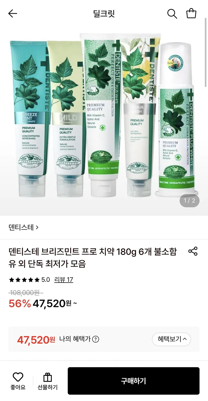 덴티스테 브리즈민트 프로 치약 180g 5개+슬림핏 칫솔