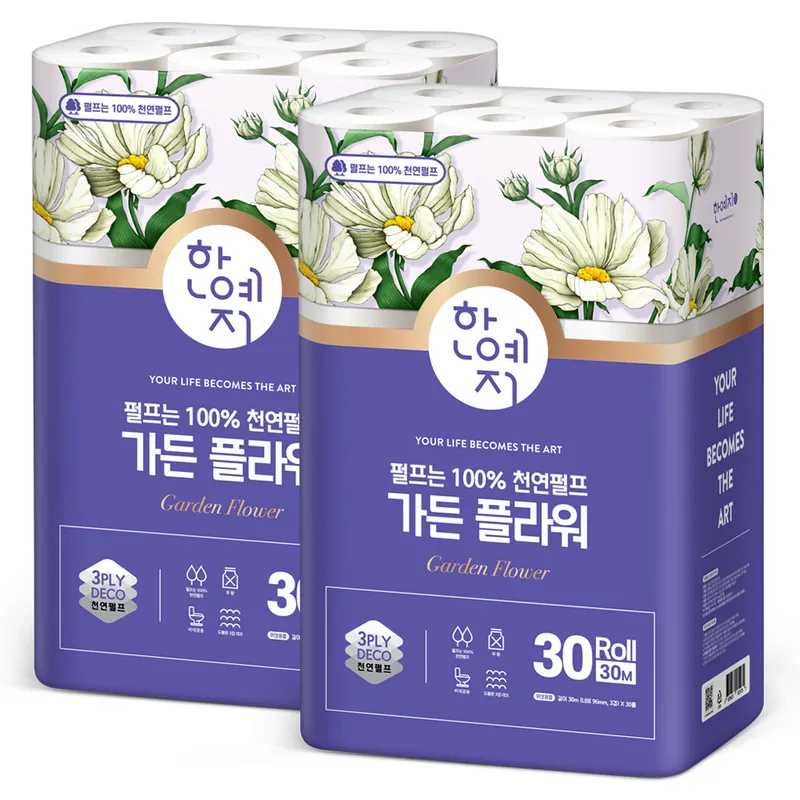 한예지 가든 플라워 롤 화장지, 3겹, 30m, 30롤, 2팩