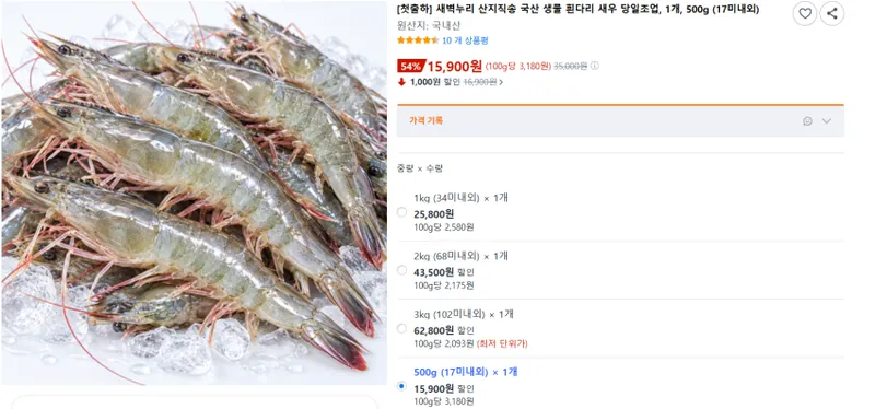 국산 생물 흰다리새우 500g(17미내외)