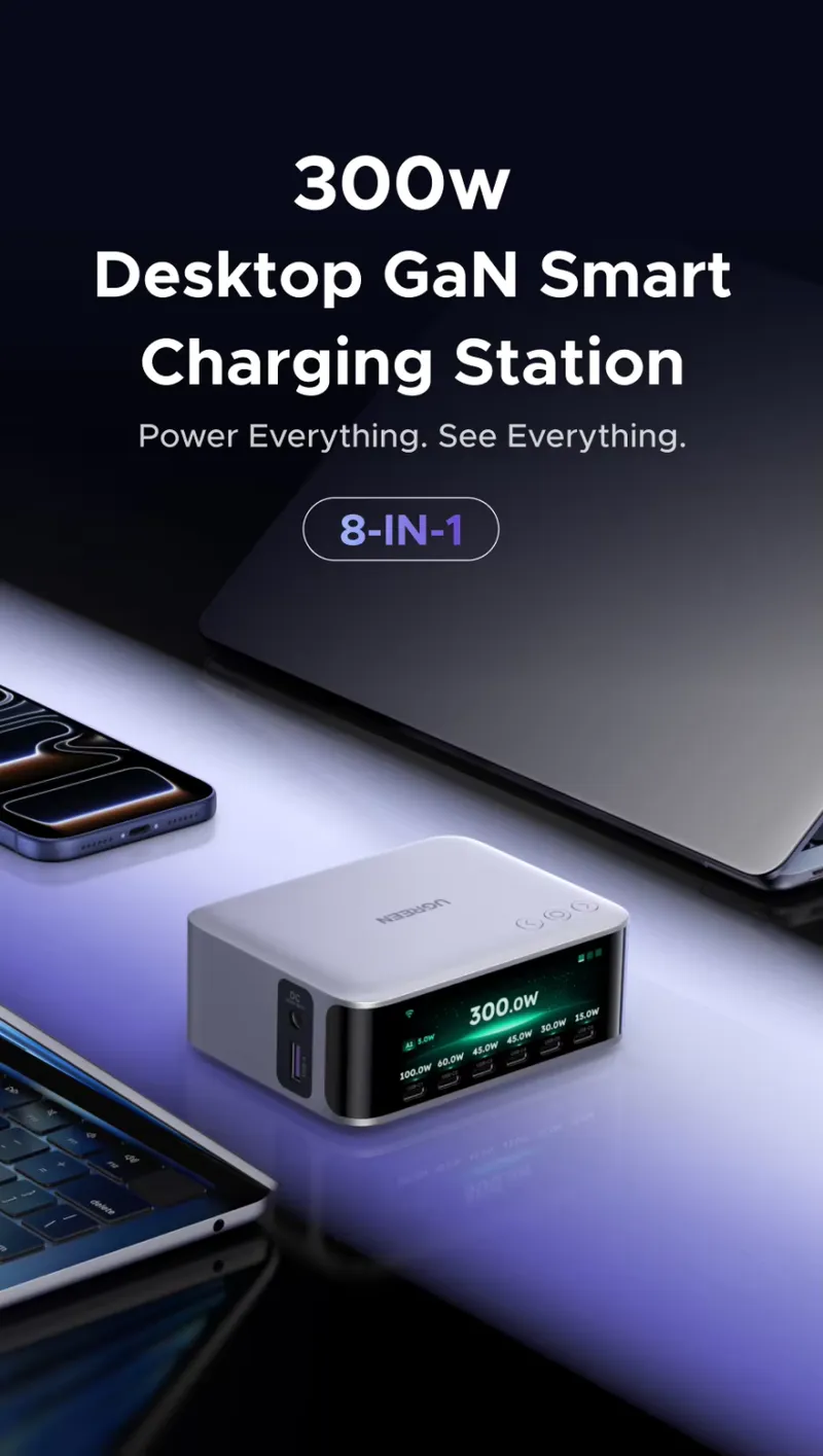 UGREEN 300W GaN 스마트 디스플레이 충전기 스테이션 8in1