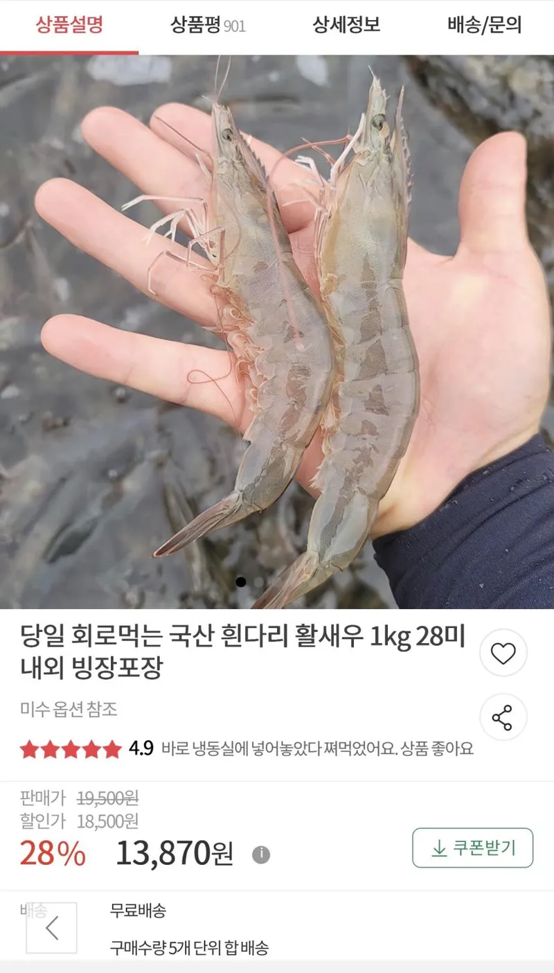 국산 흰다리 활새우 1kg 28미