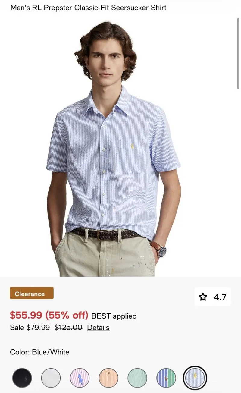 메이시스 폴로 랄프로렌 Prepster Classic-Fit Seersucker Shirt 55.99$