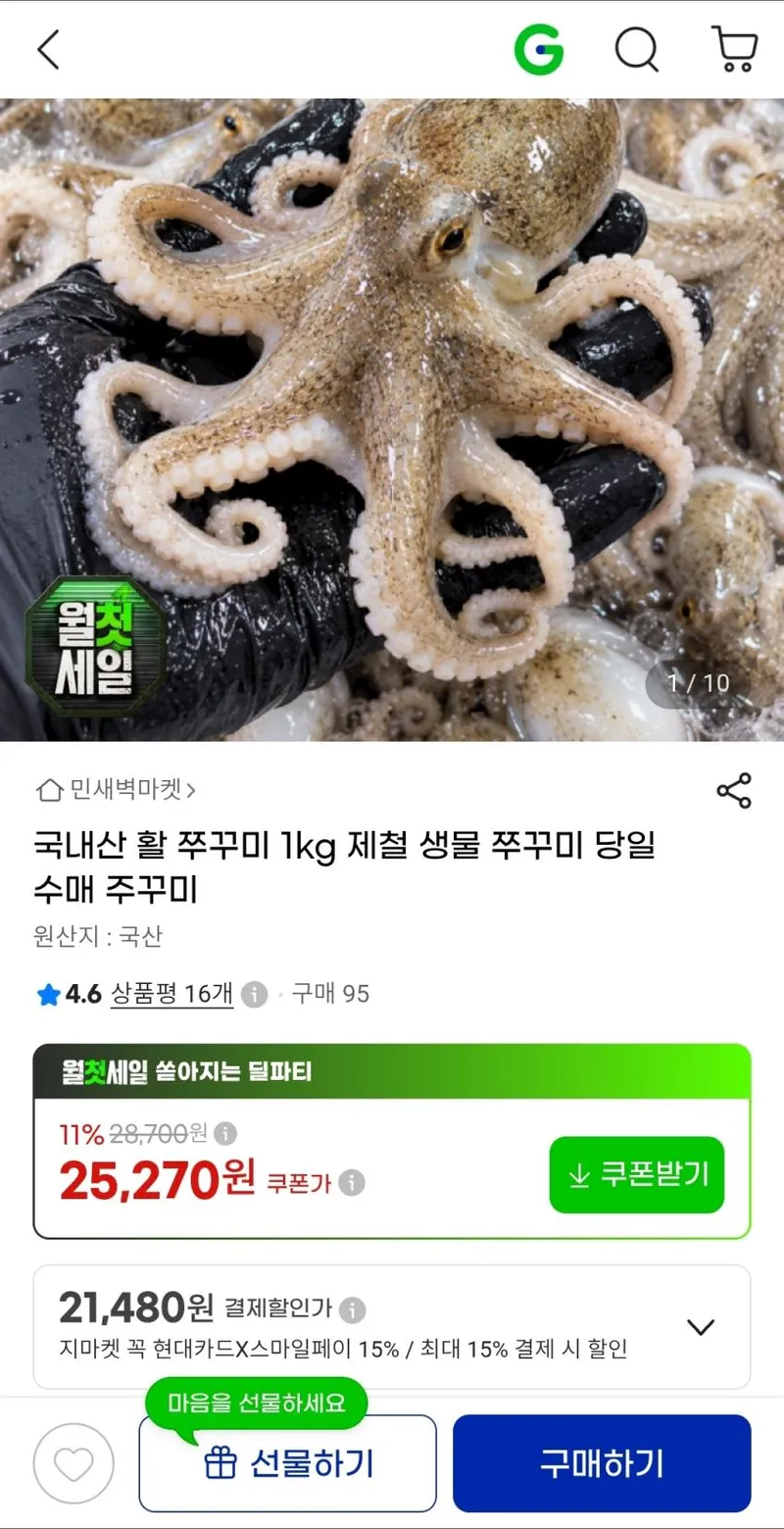 국내산 활 주꾸미 1kg