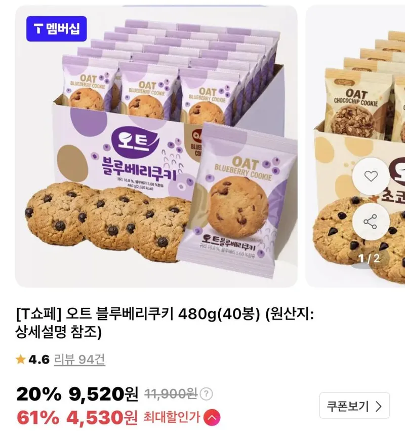 오트 귀리초코칩/블루베리 쿠키 480g(40봉)