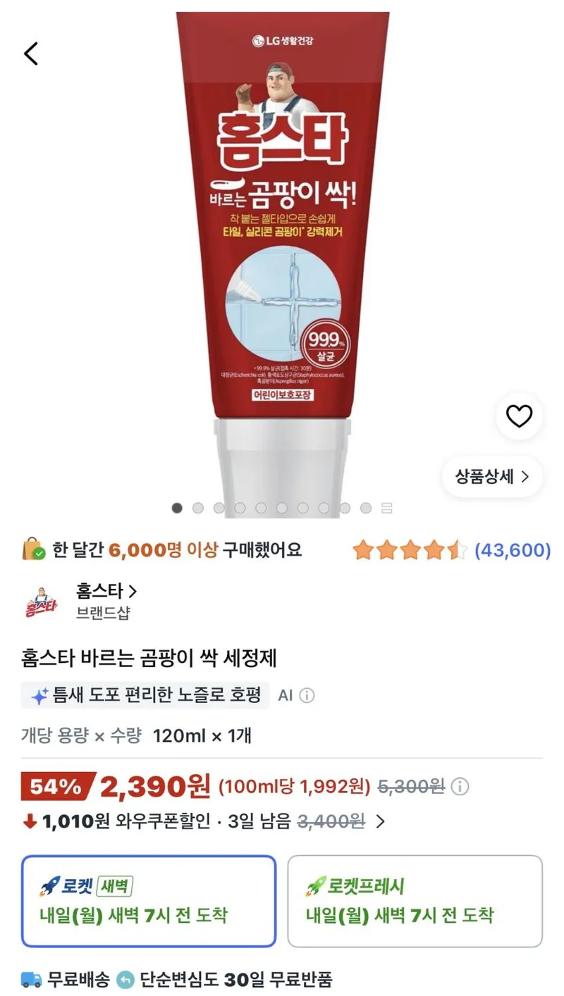 LG생활건강 홈스타 바르는 곰팡이 싹 세정제 120ml