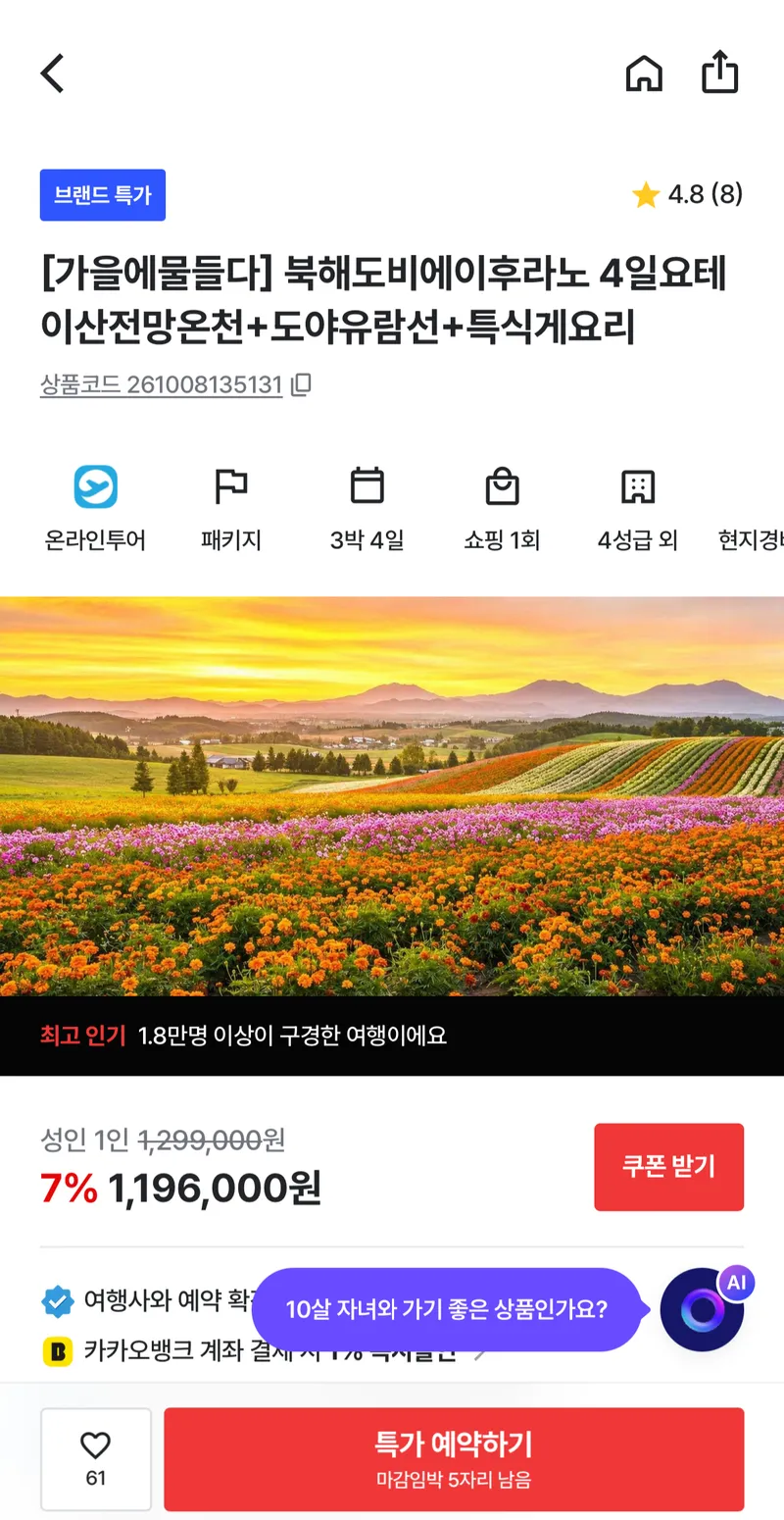 북해도 4일 요테이산전망온천+도야유람선+특식게요리