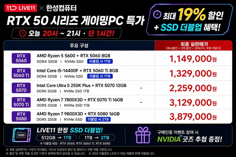 이엠텍, 11번가 PALIT 지포스 RTX 50 시리즈가 탑재된 완본체 라이브 진행
